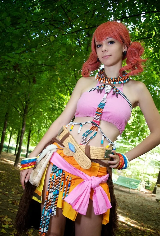 Vanille in a pose, Final Fantasy XIII costume with handmade ornaments and jewelry, cosplay by Ryuu Seika 2011