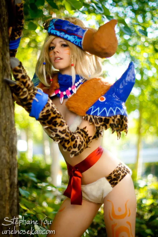 Rikku Berserker posing against a tree, resin armor pieces and leopard outfit from Final Fantasy X-2, cosplay by Ryuu Seika 2011